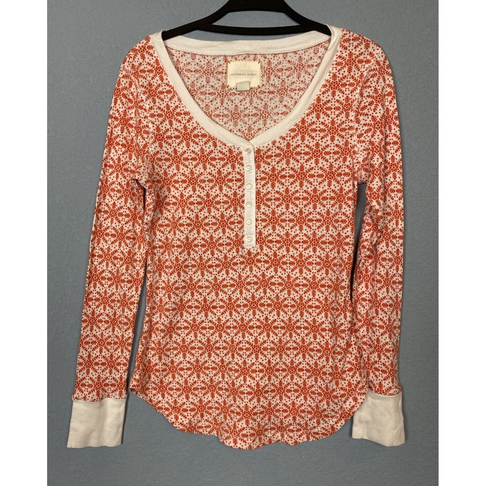 Victoria's Secret Y2K Thermal Snowflake Nordic‎ Pajama Top Orange Henley Small